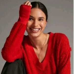 Anthropologie TLA Cozy Fuzzy Raw Edge Detail V Neck Sweater